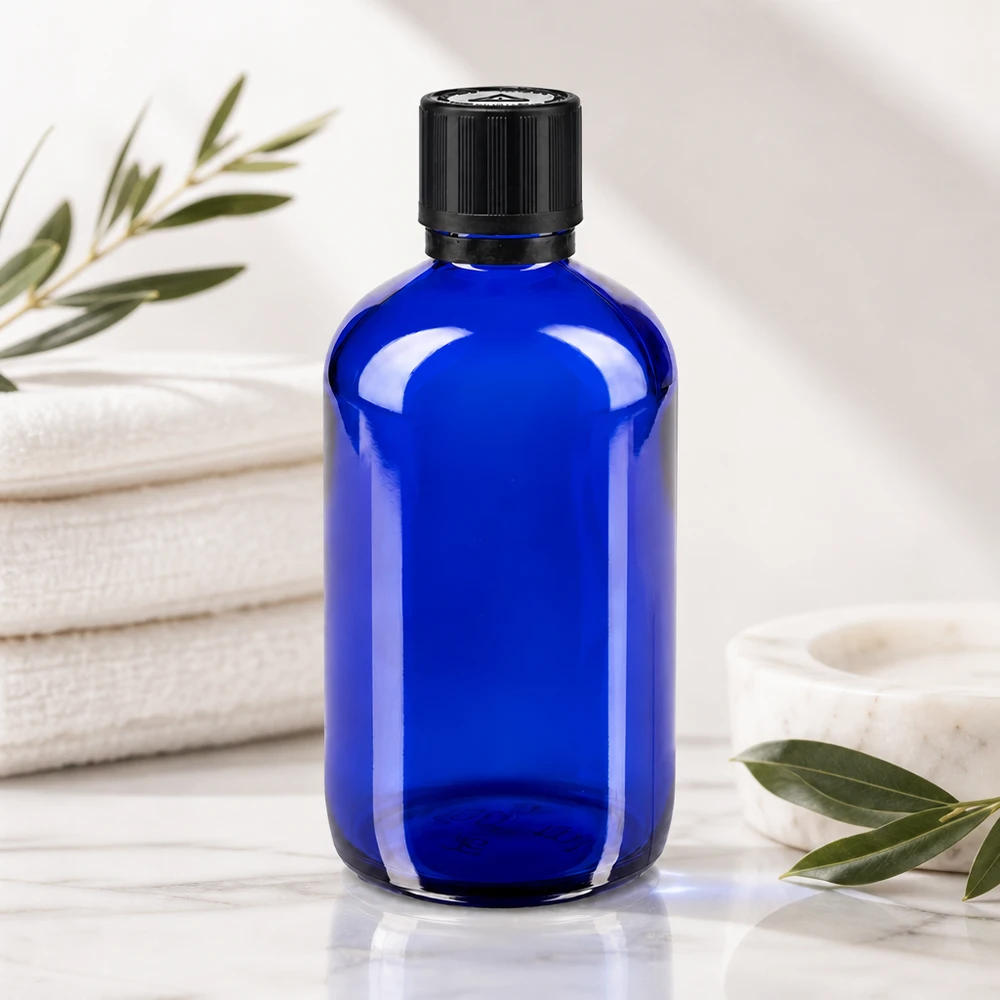 Blaue 100ml Glasflasche mit Tropfer Kindersicherheitsverschluss ideal für ätherische Öle
