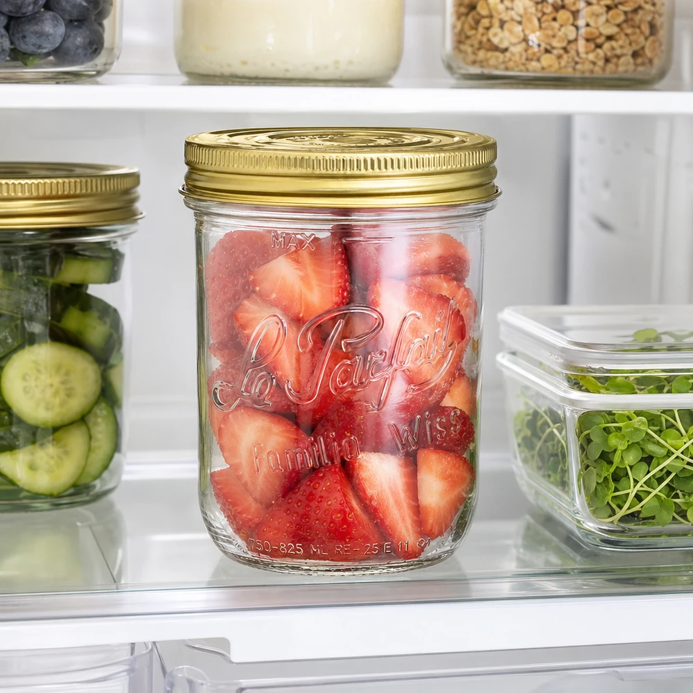 1020ml Sturzglas Familia Wiss mit goldenem Deckel voller Erdbeeren im Kühlschrank neben anderen Vorratsgläsern