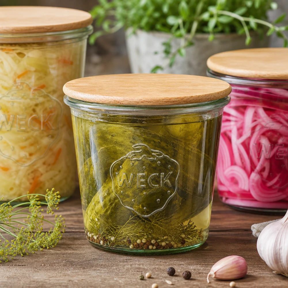 580ml Sturzglas WECK RR100 mit Holzdeckel WECK Sturzglas 580ml mit Holzdeckel gefüllt mit eingelegten Gewürzgurken, Küchenszene mit frischen Kräutern und Knoblauc