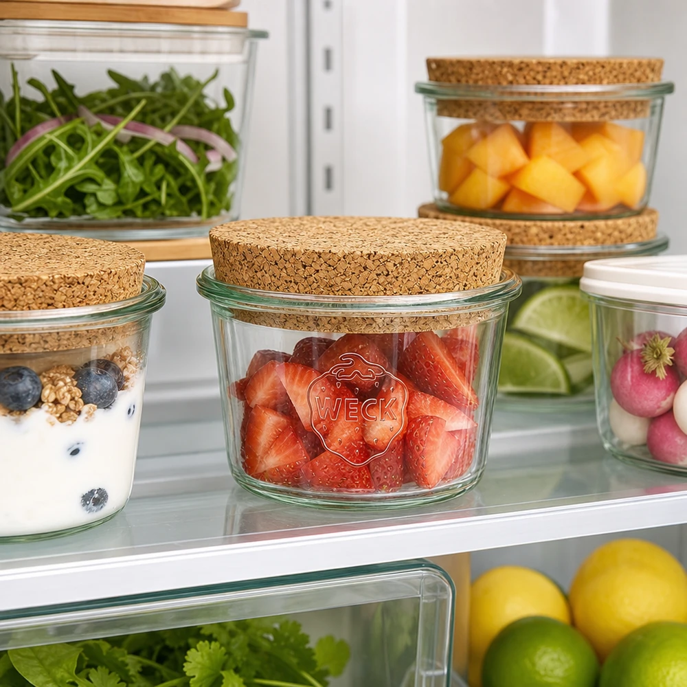 WECK Sturzglas RR40 35ml mit Korken zur Lebensmittel Aufbewahrung im Kühlschrank neben Obst und Gemüse