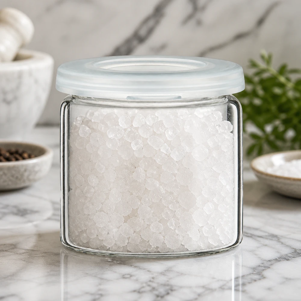 Gewürzglas Idee: 5ml Tablettenglas (Rollrandglas) Klarglas Zylindrisches Klarglas mit grobkörnigem Meersalz und hygienischem Schutzdeckel
