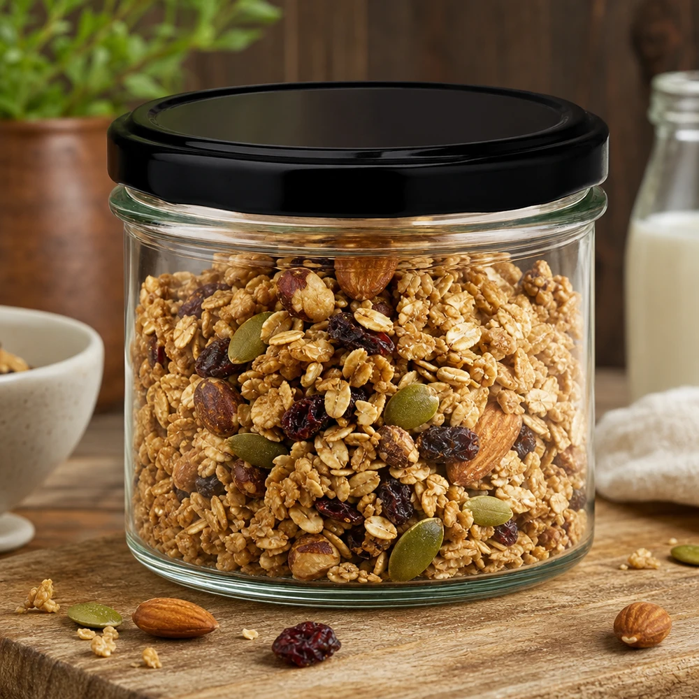 225ml Sturzglas mit BasicSeal Deckel schwarz UNiTWIST 225ml Sturzglas mit schwarzem Deckel gefüllt mit Müsli und Nüssen - praktische Lebensmittelaufbewahrung