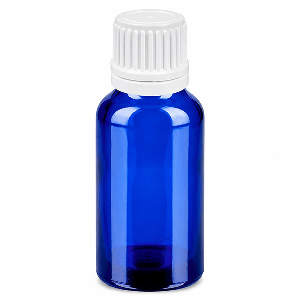 20ml Tropfflasche 0.7mm weiß Originalitätsverschluss BlueLine UT18/20 Blaue 20ml Glasflasche mit weißem Tropfverschluss 0.7mm Öffnung für Medizin