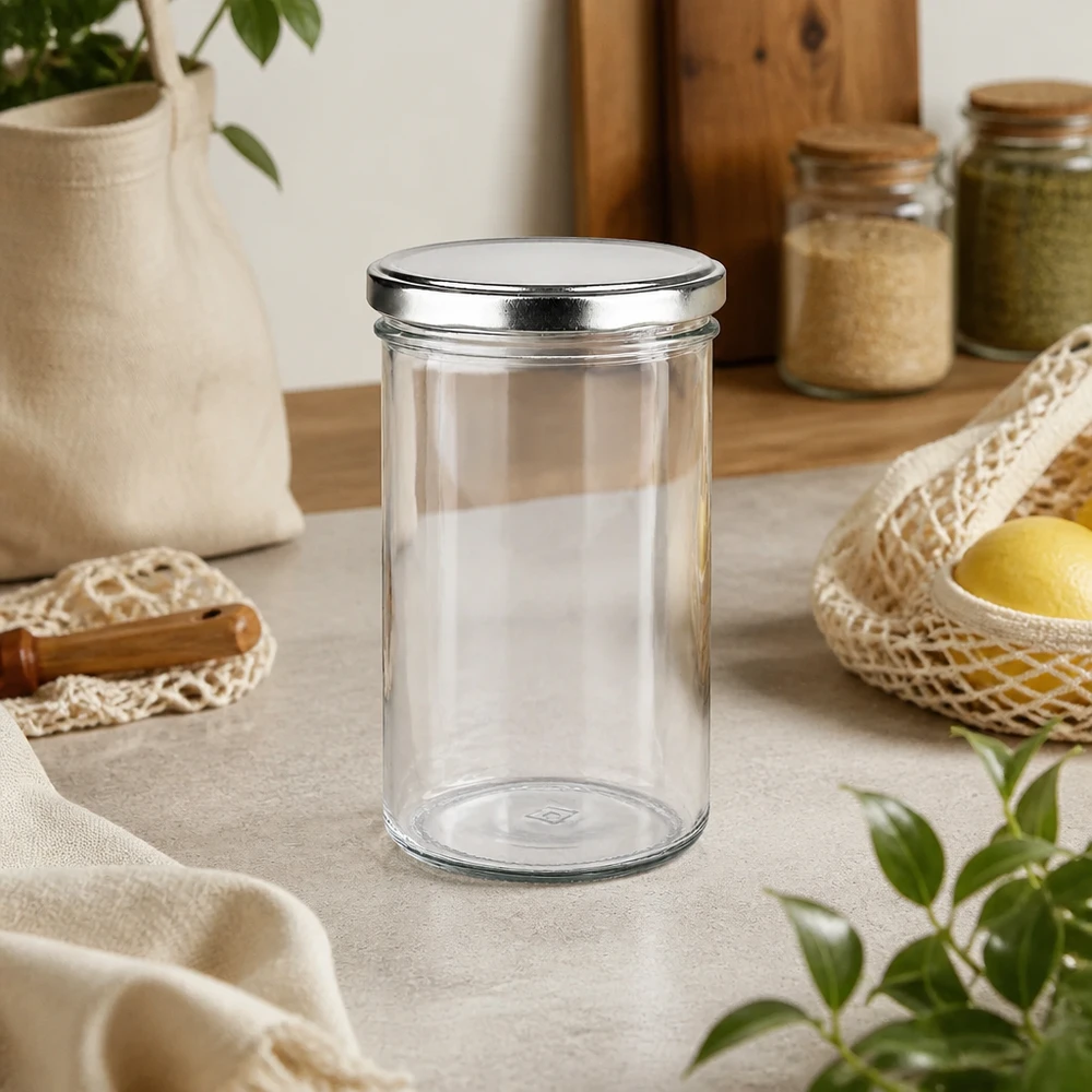 277ml Sturzglas mit BasicSeal Deckel silber in nachhaltiger Zero-Waste Küche neben Korbwaren und Vorratsgläsern