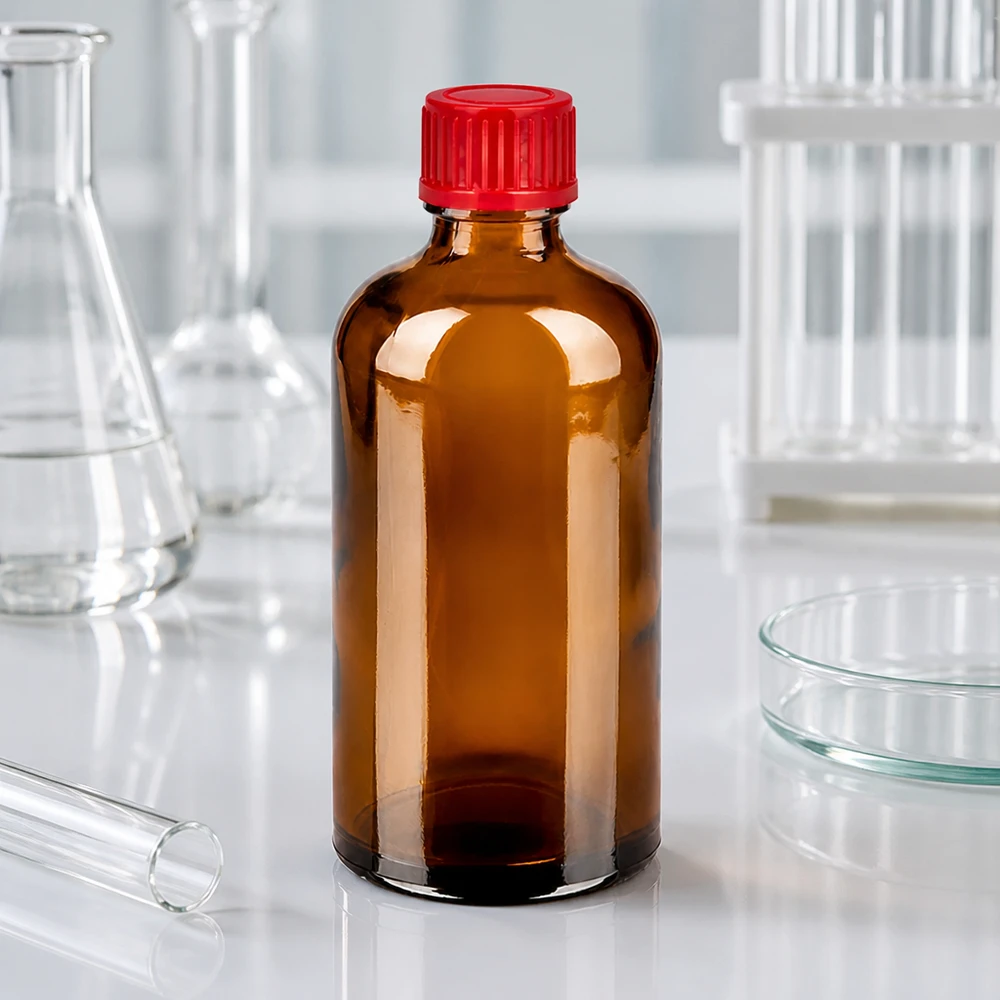 Vielseitige 100ml BrownLine Flasche mit rotem UT18 Verschluss für Kosmetik und Pharmazie