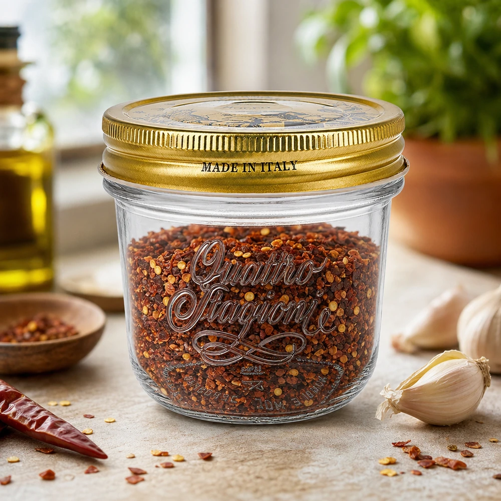 200ml Quattro Stagioni Sturzglas mit goldenem Deckel gefüllt mit Chili-Gewürzmischung Made in Italy auf Küchenarbeitspla