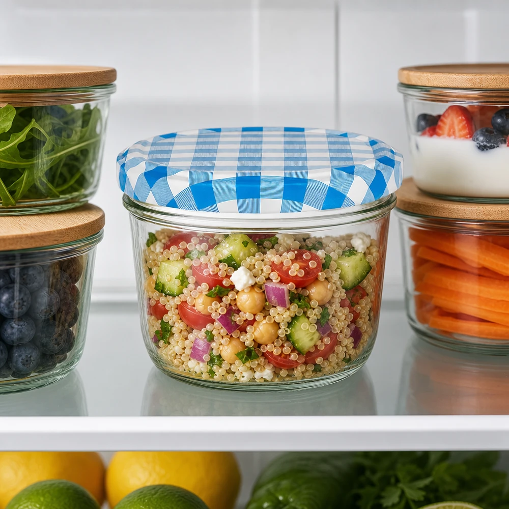 230ml Sturzglas mit blau-weißem BasicSeal Deckel als Meal-Prep Container für Quinoasalat im Kühlschrank