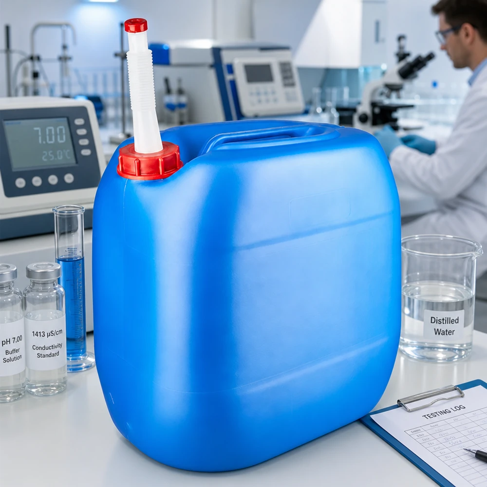 Kanister 30 Liter blau mit Auslaufrohr Flex Chemikalienkanister 30L mit weißem Flex-Rohr für sichere Lagerung und Ausgabe im Laborbereich