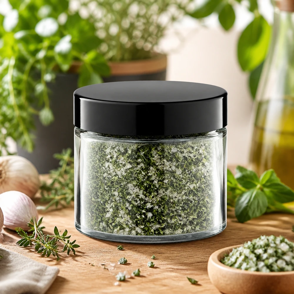 Gewürz Idee: Glastiegel 30ml klar inkl. Schraubverschluss Lebensmittelechter Glastiegel 30ml mit schwarzem Deckel für selbst gemischte Gewürzmischungen