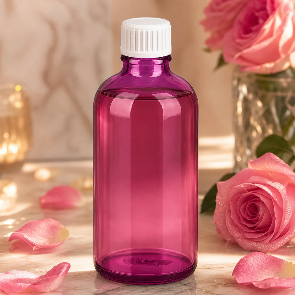 Kompakte 100ml Glasflasche in Violett mit auslaufsicherem weißem Deckel für Reisen