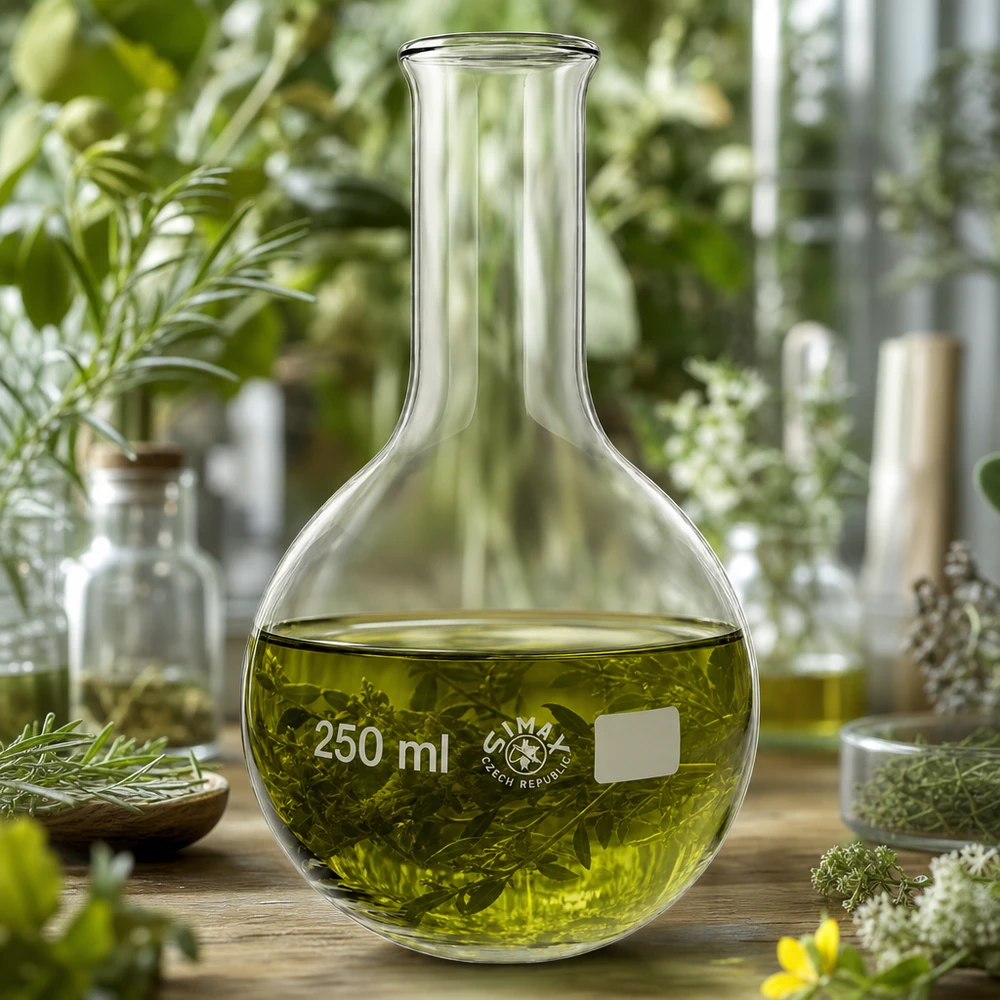 Rundkolben 250ml mit Volumenskala und Kräuteraufguss für Naturheilkunde und Forschung