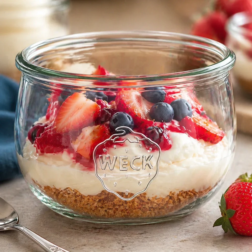 580ml Tulpenglas WECK RR100 WECK 580ml Tulpenglas RR100 mit Schichtdessert aus Keksboden Creme und frischen Beeren Erdbeeren Blaubeeren