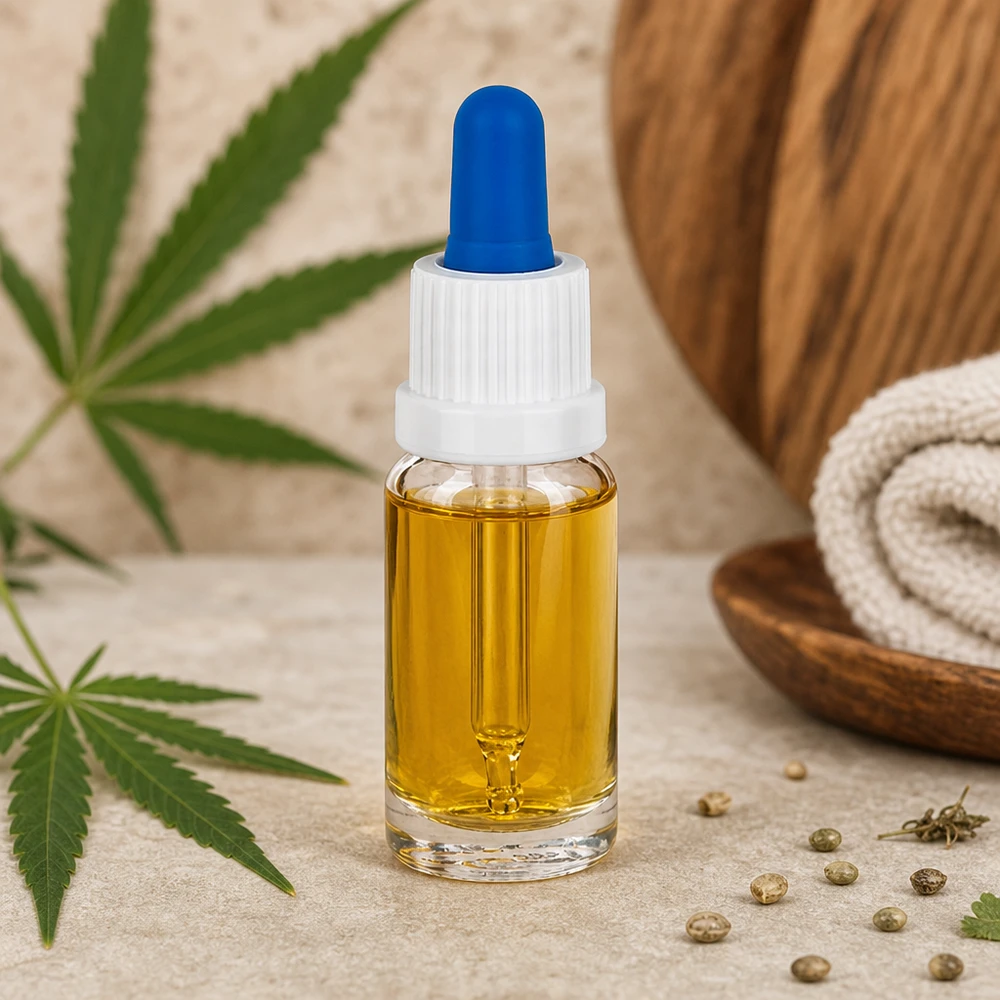 Kompakte 10ml Pipettenflasche mit hellgelbem Öl im Wellness-Setting mit Tuch und Holzschale