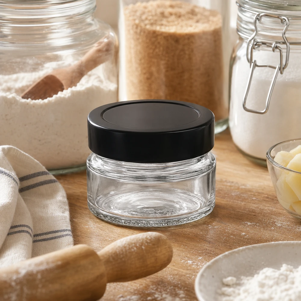 80ml Rundglas BasicSeal schwarz in Backküche mit Mehl Zutaten perfekt für Gewürze Backmischungen Küchendeko