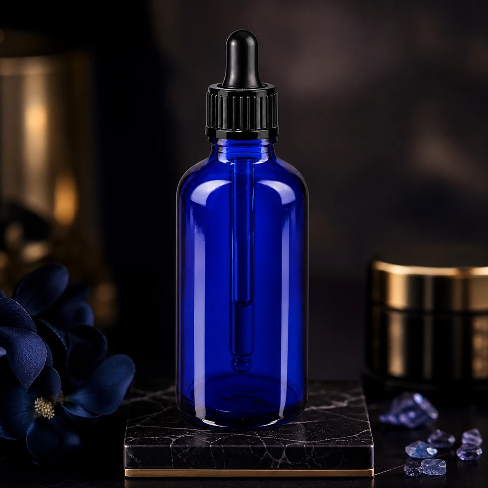 Apothekenflasche blau 50ml Tropfverschluss 1mm schwarz Standard Zylindrische 50ml blaue Tropfflasche STD mit kindersicherem schwarzem Schraubverschluss
