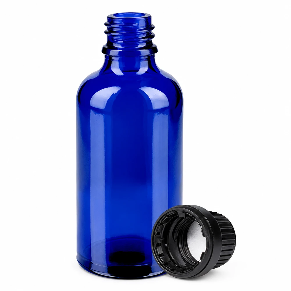 Premium 50ml Apothekerflasche in Kobaltblau mit schwarzem tamper evident Verschluss