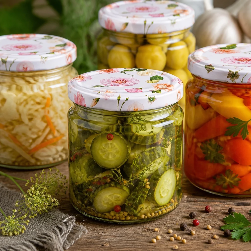 Einmachgläser 330ml mit floralem Deckel gefüllt mit eingelegtem Gemüse Gurken Oliven auf Holztisch