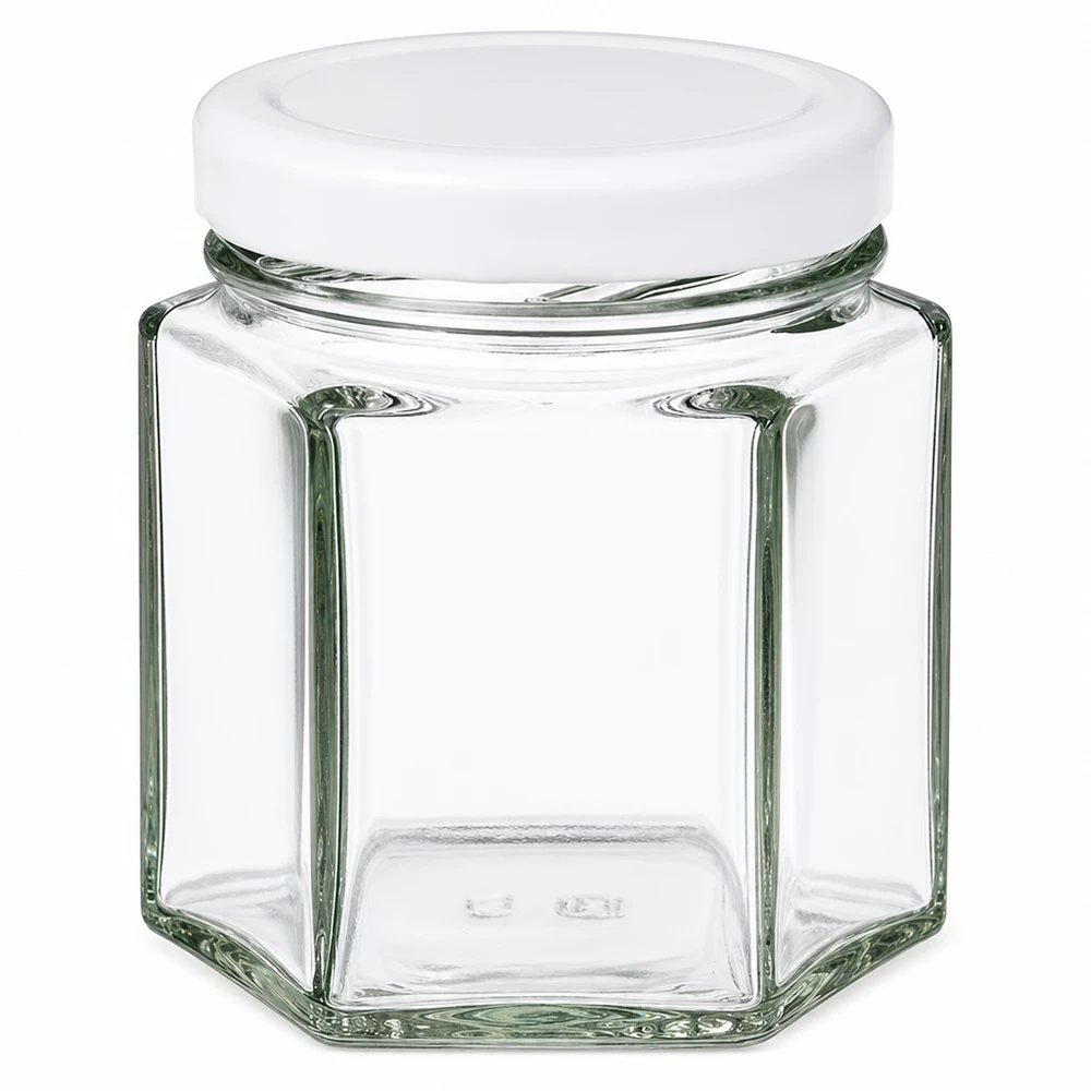 47ml Hexaglas 48er-Set mit Deckel (Deckelfarbe: weiss) UNiTWIST Kompaktes Hexagonalglas 47ml mit weißem Schraubverschluss für Gastgeschenke und Proben