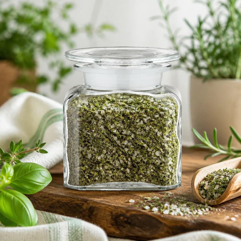 Gewürzglas Idee: Vierkant-Apothekerflasche 100 ml Weithals Kleines Vorratsglas 100ml mit getrockneten Kräutern auf Holzunterlage neben frischen Küchenkräutern