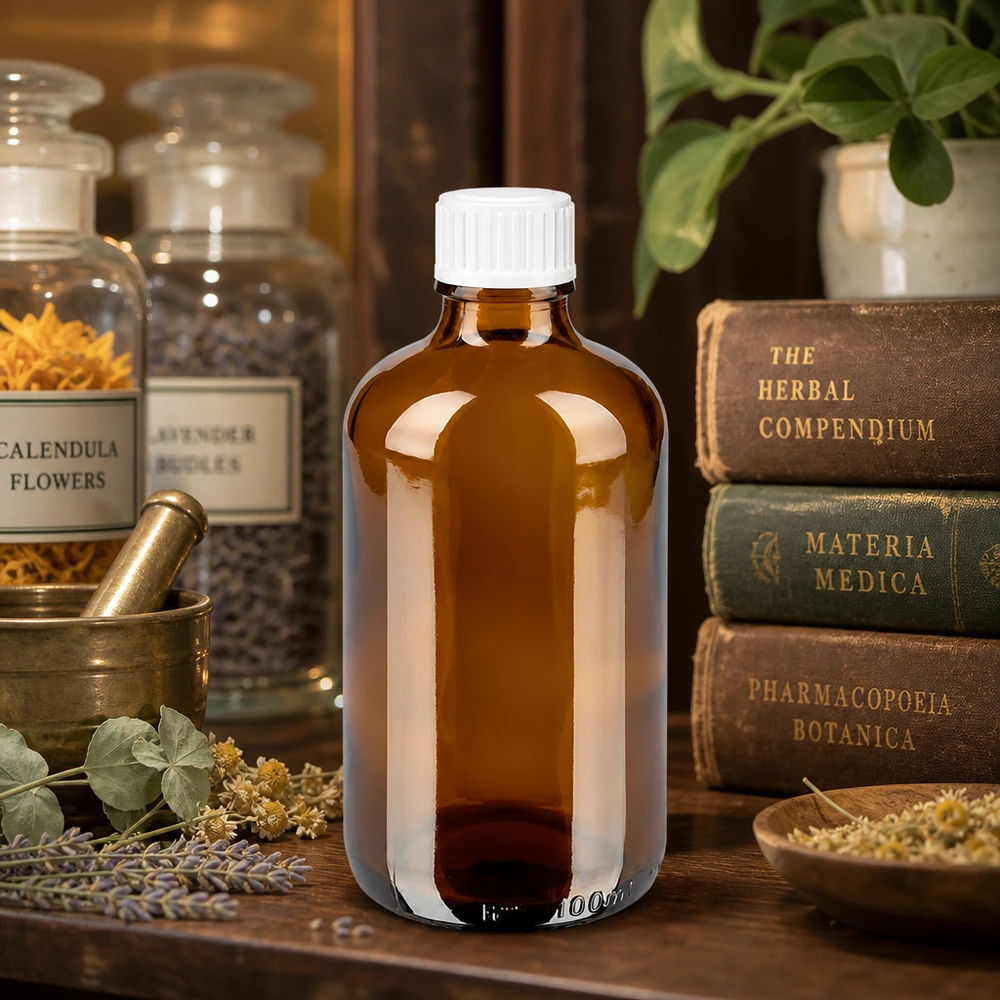 Apothekenflasche braun 100ml Schraubverschluss weiß Standard 100ml ApoGlas Braunglasflasche weißer 11mm Verschluss neben Materia Medica und Trockenblumen