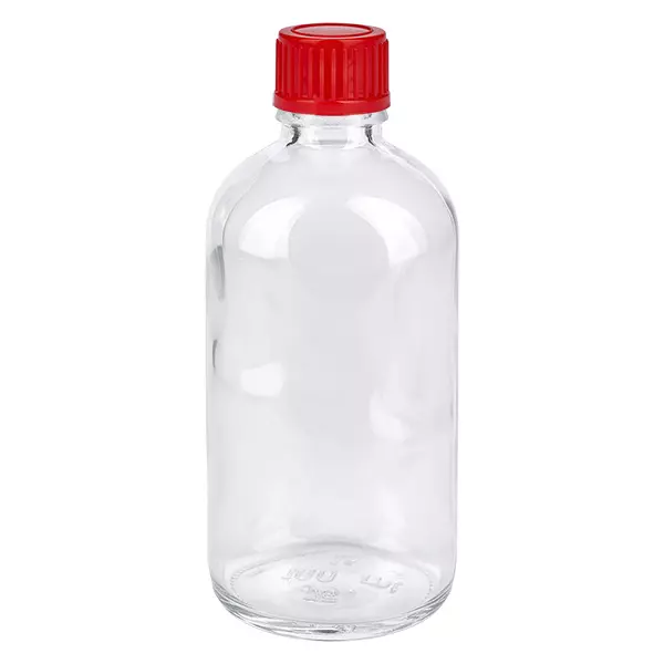 Klarglas Rundflasche 100ml mit rotem 11mm Schraubverschluss ClearLine Serie UT18/100