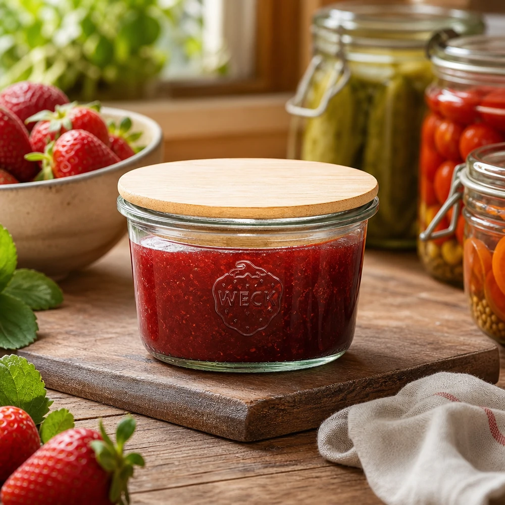 80ml Sturzglas WECK RR60 mit Holzdeckel WECK Glas 80ml RR60 mit Holzdeckel gefüllt mit Erdbeermarmelade in rustikaler Küche mit frischen Erdbeeren