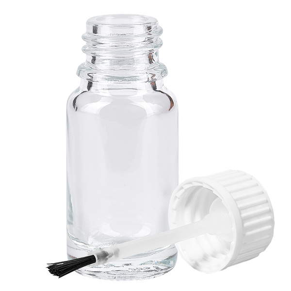 10ml Pinselflasche weiß Standardverschluss ClearLine UT18/10 Rundflasche 10ml ClearLine mit weißem Schraubdeckel und Pinsel Aufsatz aus transparentem Glas
