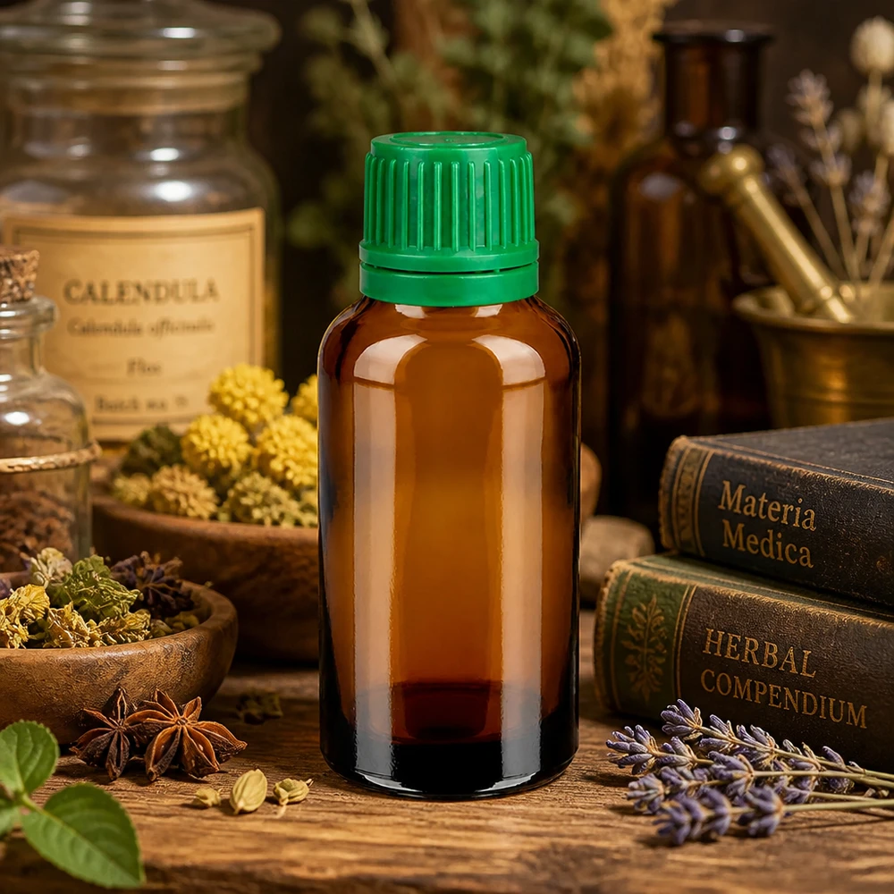 Robuste 30ml Apothekenflasche aus getöntem Glas mit praktischem grünem Schraubdeckel