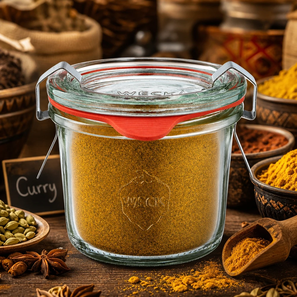 Gewürzglas Idee: WECK-Mini-Sturzglas 80ml Kompaktes WECK Glas mit geprägtem Logo gefüllt mit gelbem Currypulver und Glasdeckel