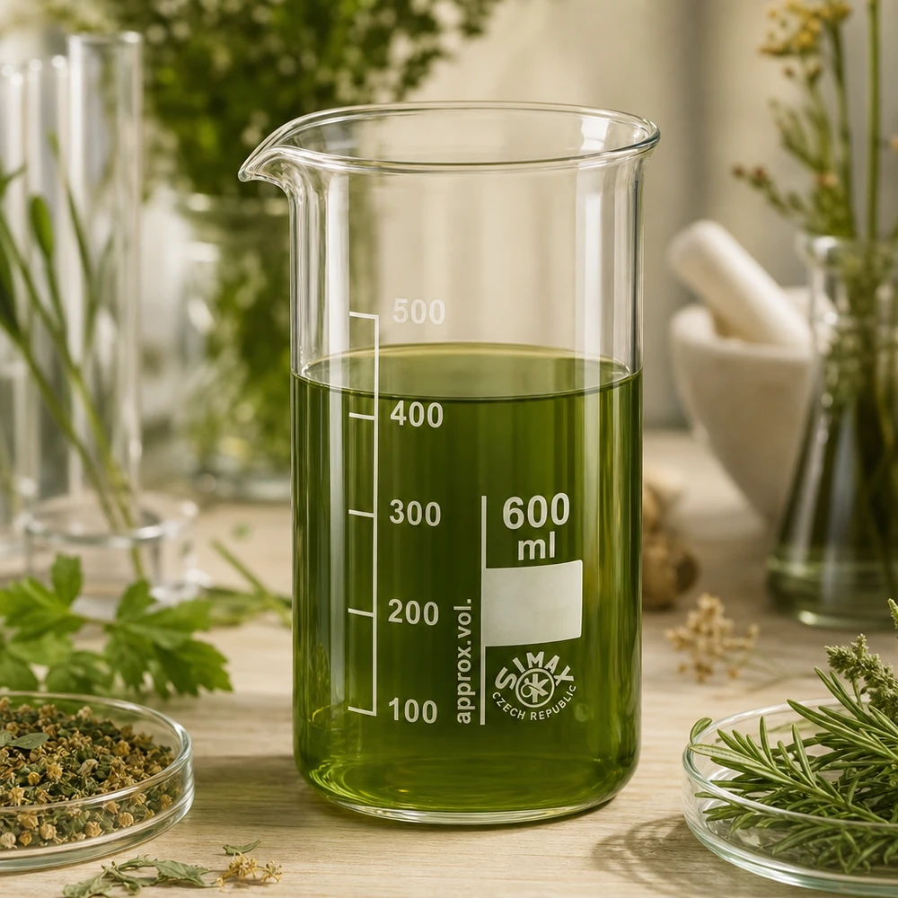 Becherglas 600ml Borosilikatglas, hohe Form Becherglas 600ml hohe Form aus Borosilikatglas mit grüner Lösung auf Holzunterlage im Naturlabor