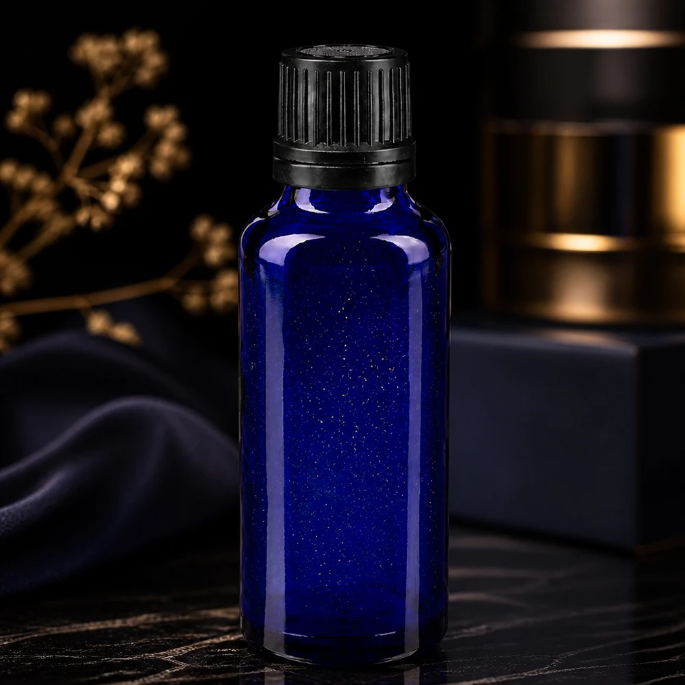 Apothekenflasche blau 30ml Tropfverschluss Giessring 1mm schwarz Originalitätsverschluss Hochwertige Abfüllflasche 30ml Blauglas mit Originalverschluss für Naturkosmetik geeignet