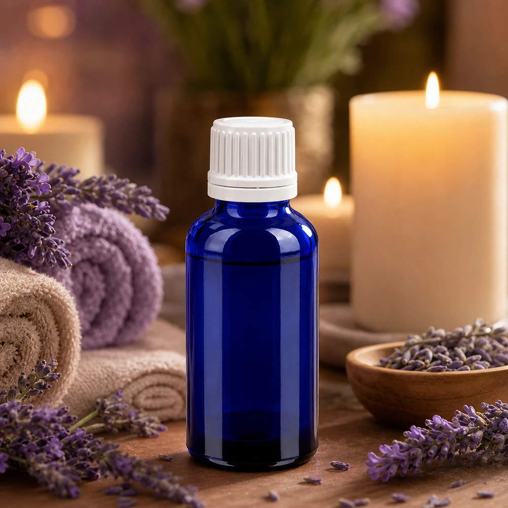 Elegante kobaltblaue 30ml Glasflasche mit weißem Deckel für hochwertige Essenzen