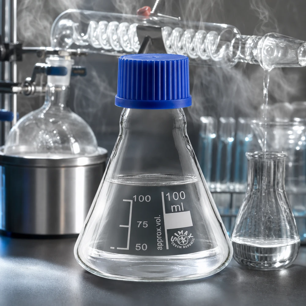 Erlenmeyerkolben 100ml mit Schraubkappe Erlenmeyerkolben 100ml mit breitem Boden für stabilen Stand und blaue Schraubkappe
