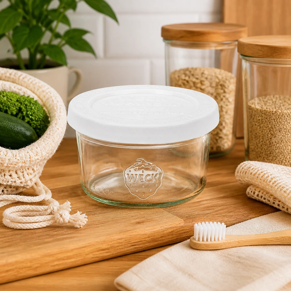 50ml Sturzglas mit Frischedeckel WECK RR60 WECK 50ml Sturzglas RR60 mit weißem Deckel in nachhaltiger Küche mit Bambus Zahnbürste und Zero Waste Produkten