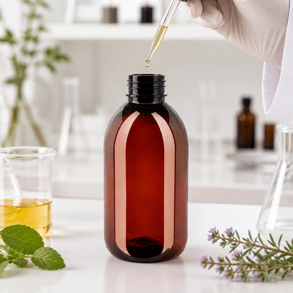 Braune Kunststoffflasche 250ml mit OV für Tinkturen und Naturextrakte in Laborumgebung