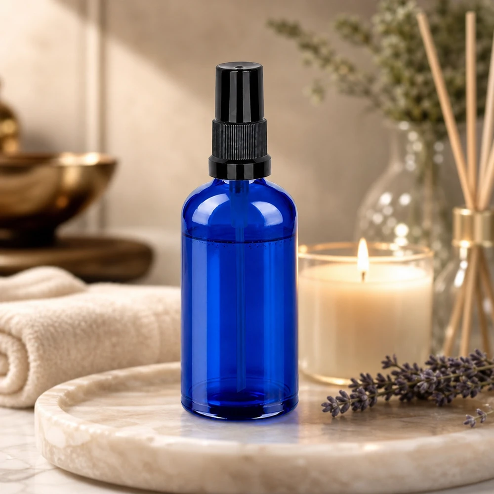Nachfüllbare 100ml Sprayflasche blau - umweltfreundliche Alternative aus hochwertigem Glas