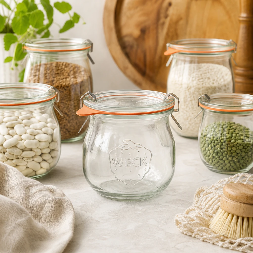 75ml Tulpenglas komplett WECK RR40 WECK Tulpenglas 75ml RR40 in natürlicher Küchen-Szenerie zwischen Vorratsgläsern mit Hülsenfrüchten und Getreide