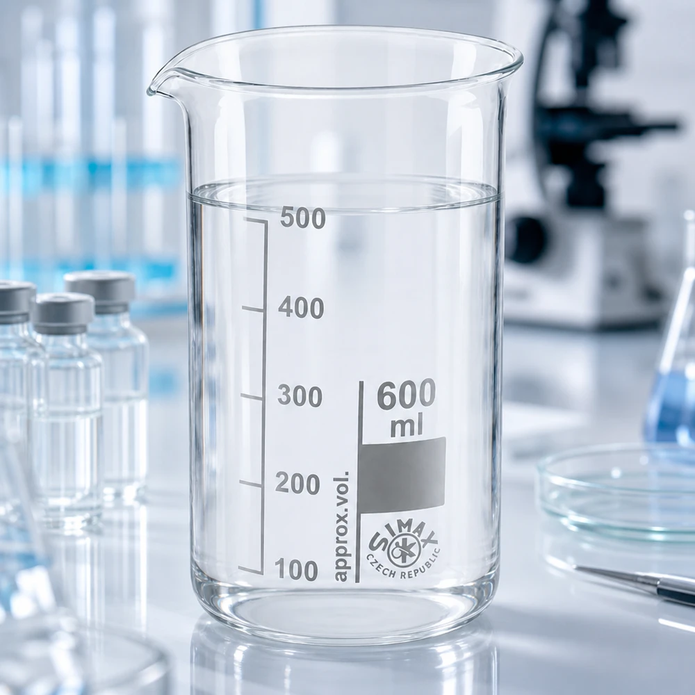 Becherglas 600ml Borosilikatglas, hohe Form Simax Becherglas 600ml hohe Form mit präziser Volumenmarkierung auf weißer Laborarbeitsfläche