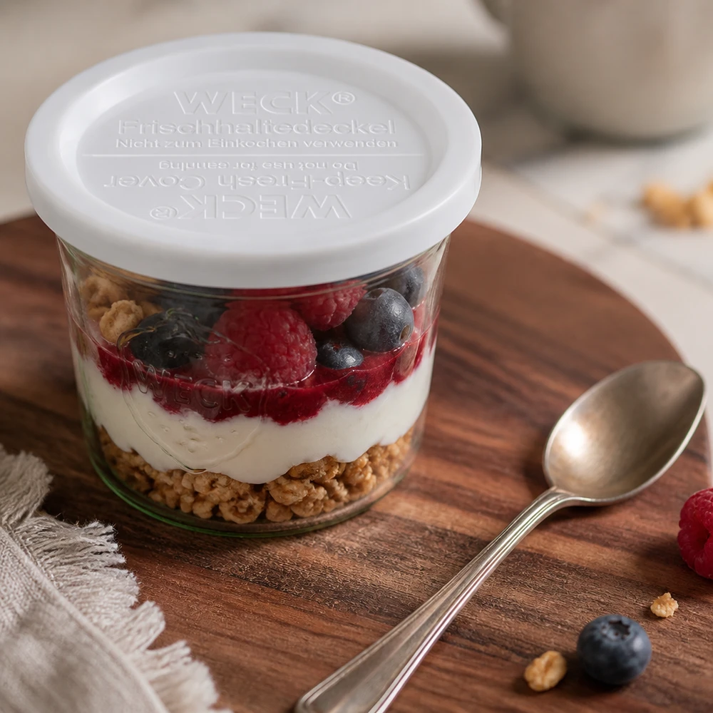 WECK Frischhaltedeckel RR120 auf Joghurt-Beeren-Dessert im Glas mit Löffel auf Holzbrett Küchenzubehör