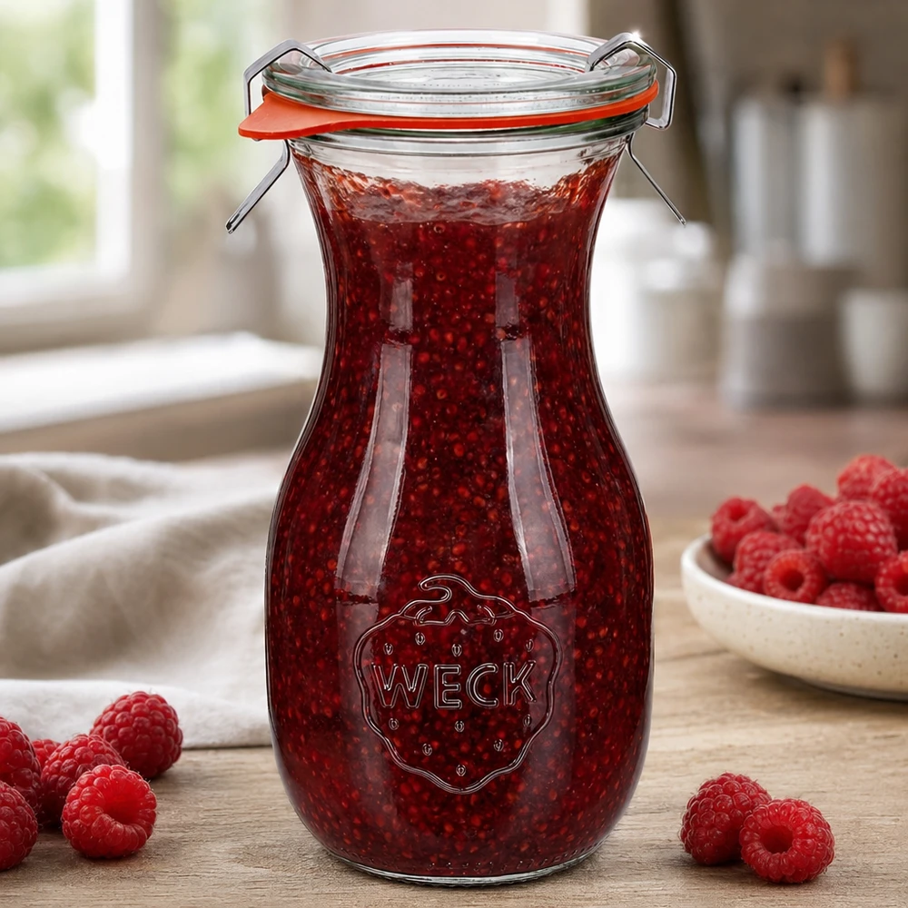 WECK Saftflasche 290ml RR60 gefüllt mit Himbeermarmelade und Bügelverschluss auf Holztisch mit frischen Himbeeren