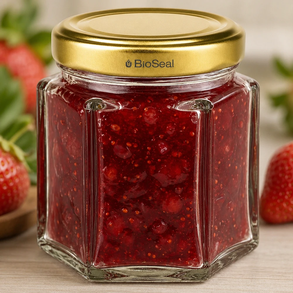 BioSeal 60g Honigglas hexagonal mit Erdbeermarmelade befüllt und goldenem Schraubverschluss im Küchenstil