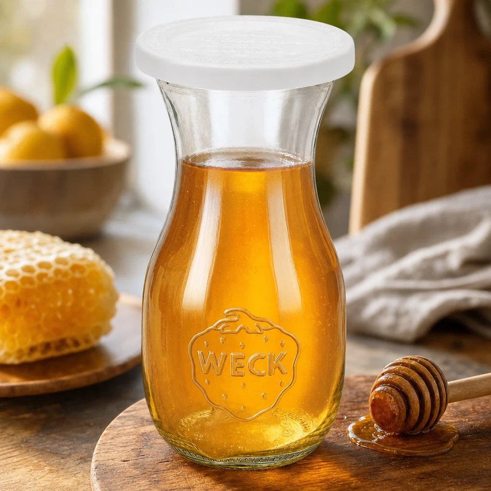 290ml Saftflasche mit Frischedeckel WECK RR60 WECK 290ml Saftflasche mit RR60 Frischedeckel gefüllt mit goldenem Honig neben Honiglöffel und Bienenwabe