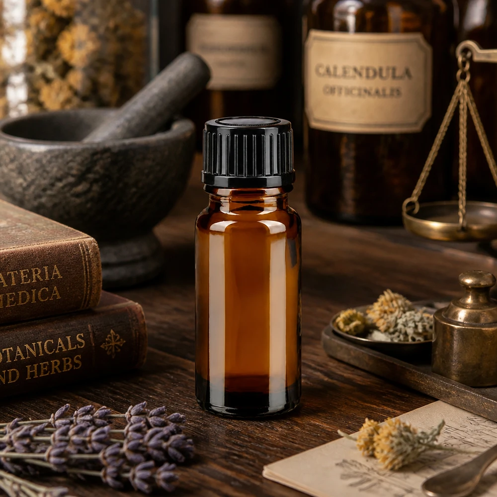 Apothekenflasche braun 10ml Schraubverschluss schwarz Standard Apothekerflasche 10ml Braunglas SV STD auf Holztisch mit Materia Medica Botanikbüchern