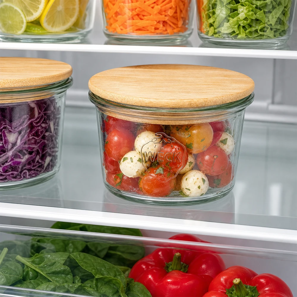 35ml Mini Sturzglas WECK RR40 mit Holzdeckel WECK Mini Sturzglas 35ml mit Bambus Holzdeckel zur Aufbewahrung von Tomaten und Mozzarella im Kühlschrank organisiert