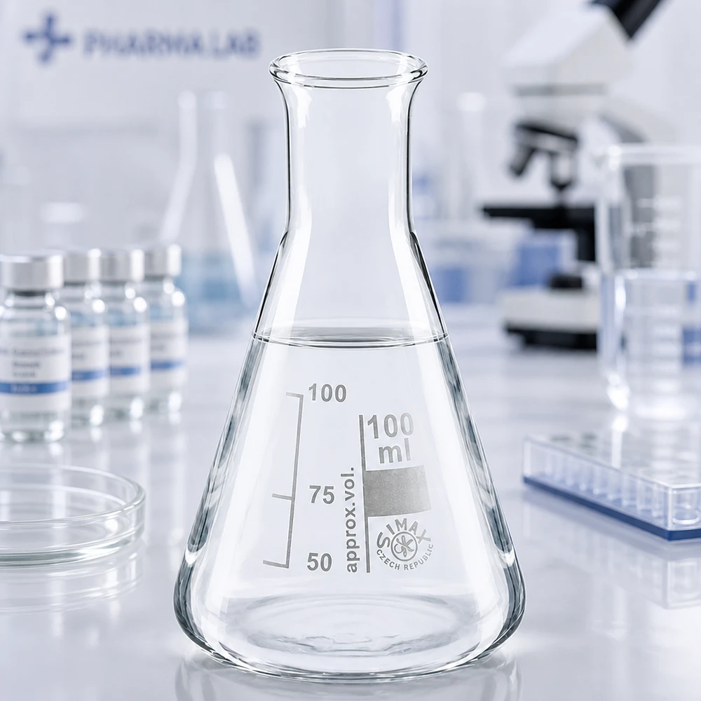 Stabiler Erlenmeyerkolben 100ml Enghals mit breitem Boden für sicheren Stand auf dem Labortisch