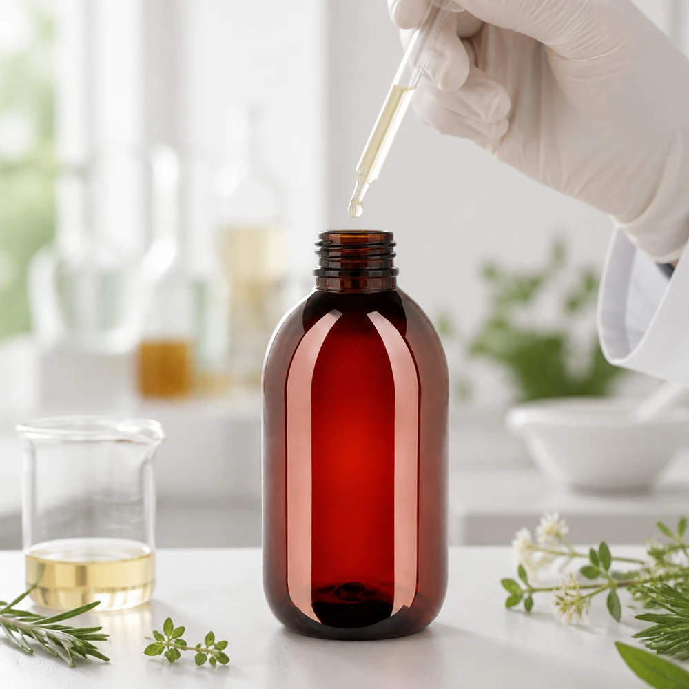 Braune Kunststoffflasche 250ml für Naturextrakte und Öle mit weißem Sicherheitsverschluss