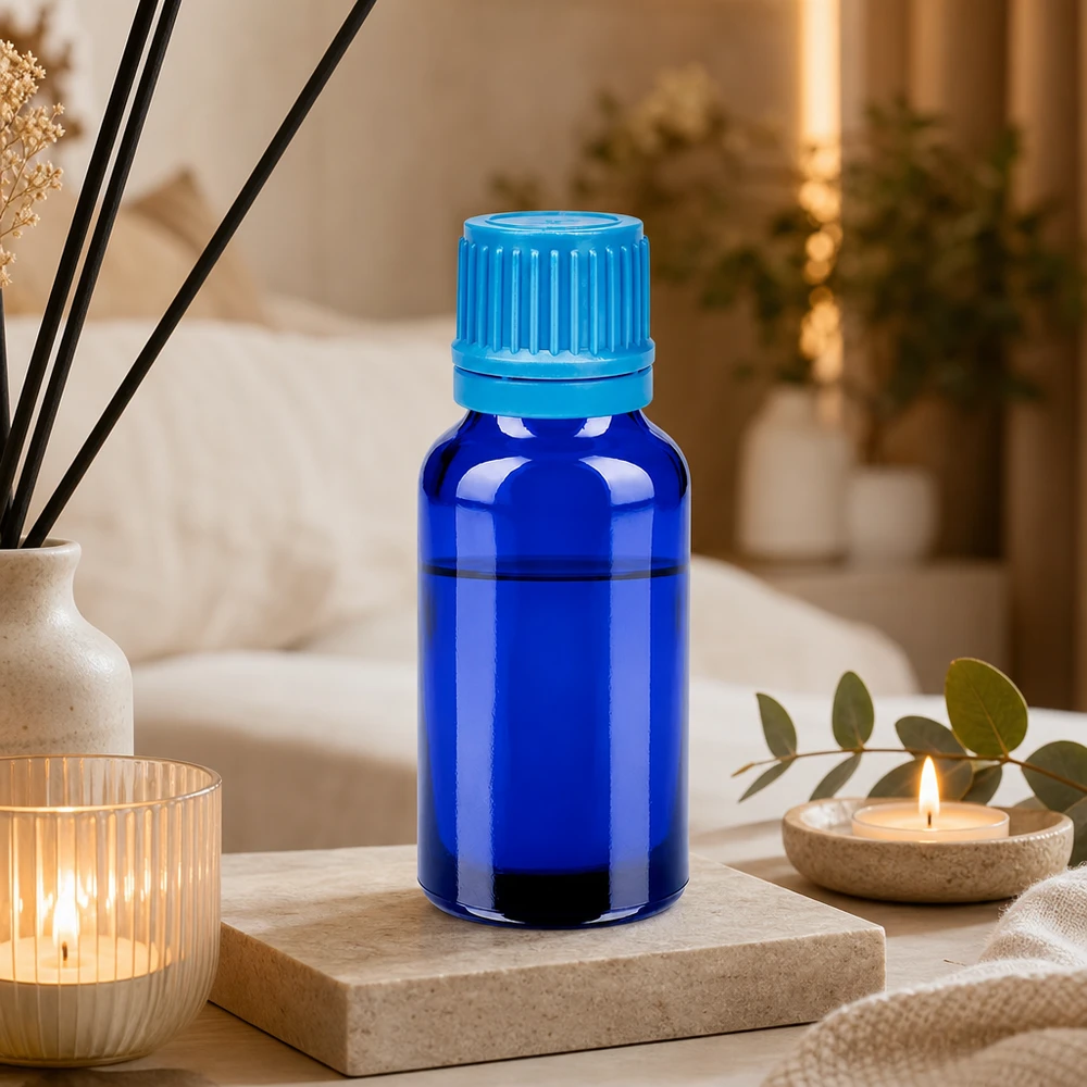 Premium 20ml Glasflasche mit Anti-Leck-System und kindersicherem Drehverschluss in Blau