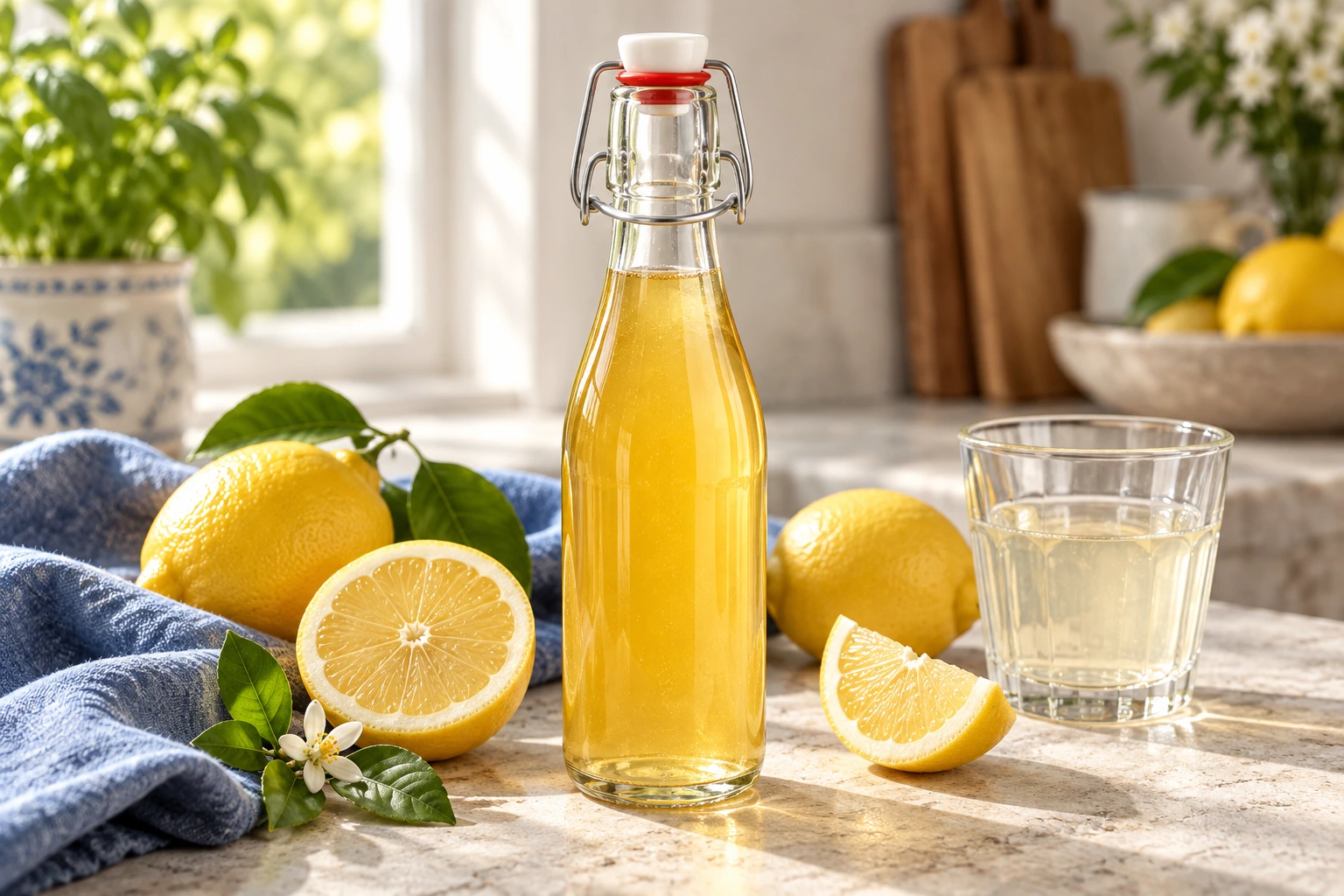 Bügelflasche mit gelbem Sirup neben frischen Zitronen – illustriertes Anwendungsbeispiel