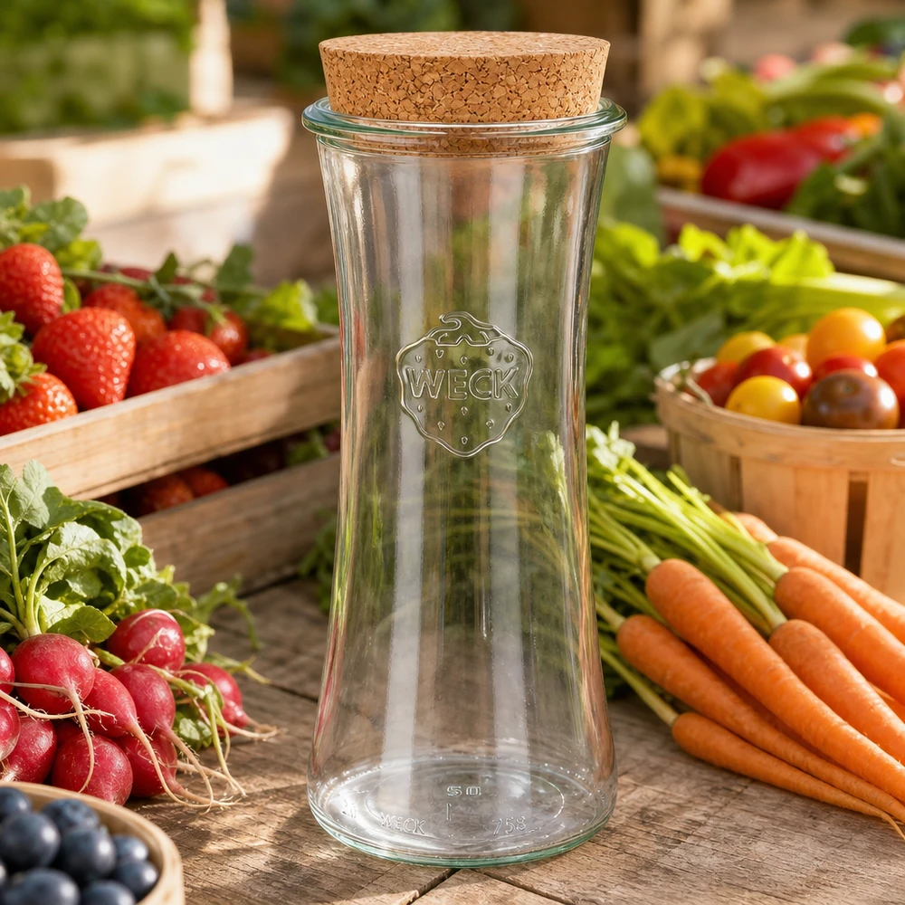 700ml Delikatessenglas WECK RR80 mit Korken natur WECK RR80 Vorratsglas 700ml leer mit Korkdeckel zwischen frischem Gemüse Karotten Radieschen Tomaten auf Marktstand