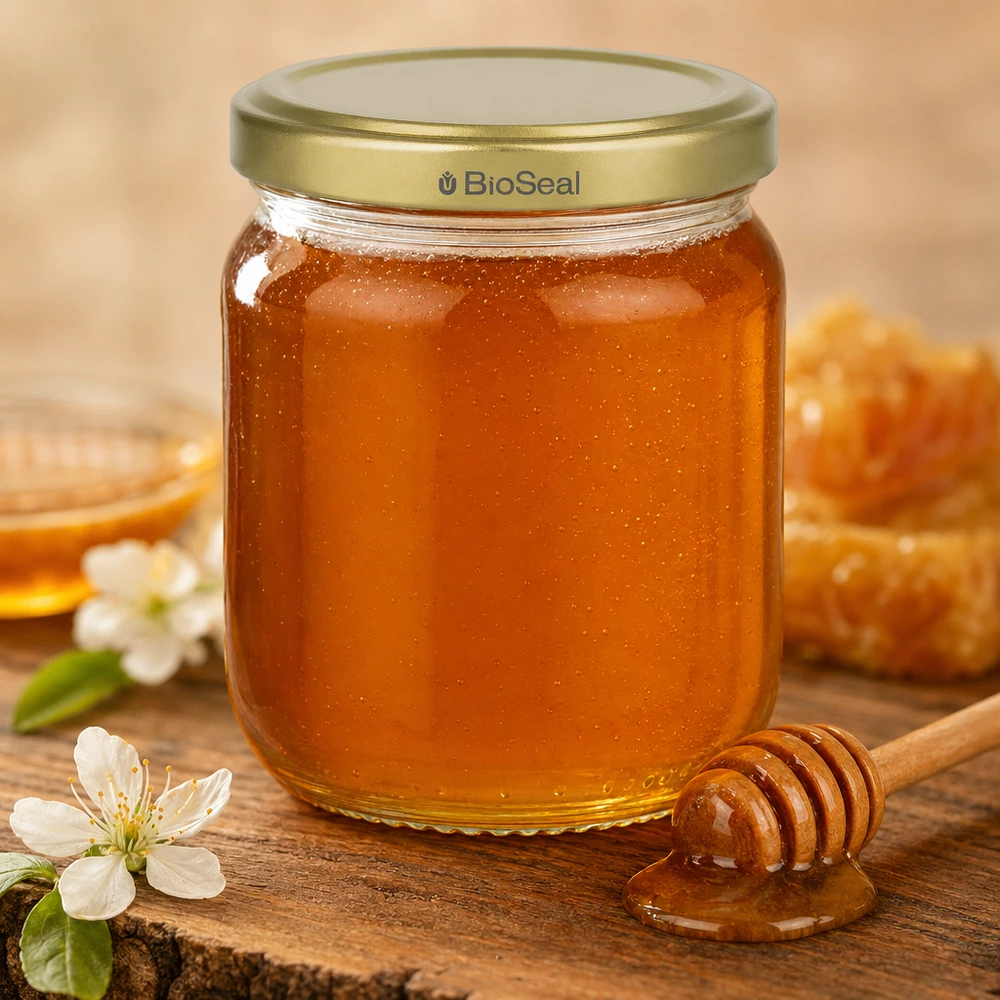 Honigglas 500g mit BioSeal Golddeckel und Honiglöffel auf rustikalem Holz mit weißen Blüten als Dekoration